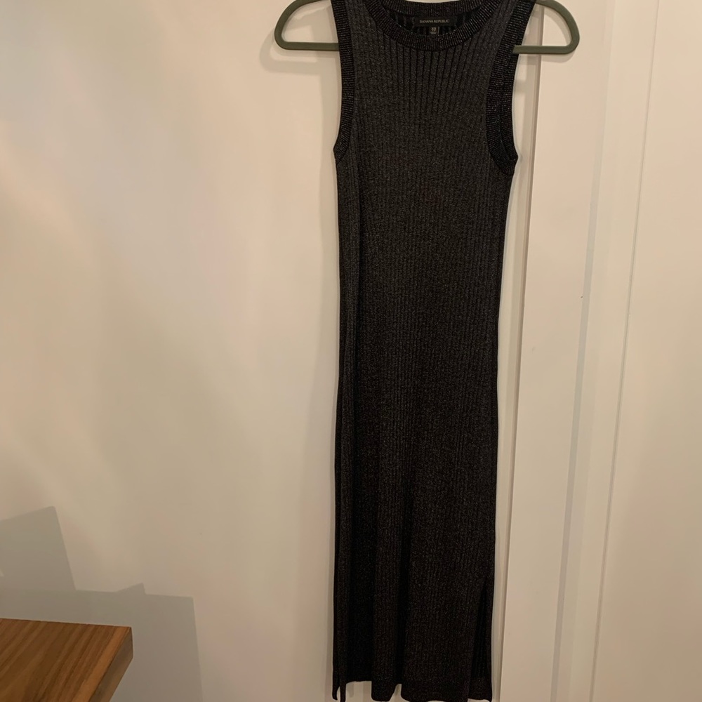 Black sparkly body con midi dress from Banana Republic.